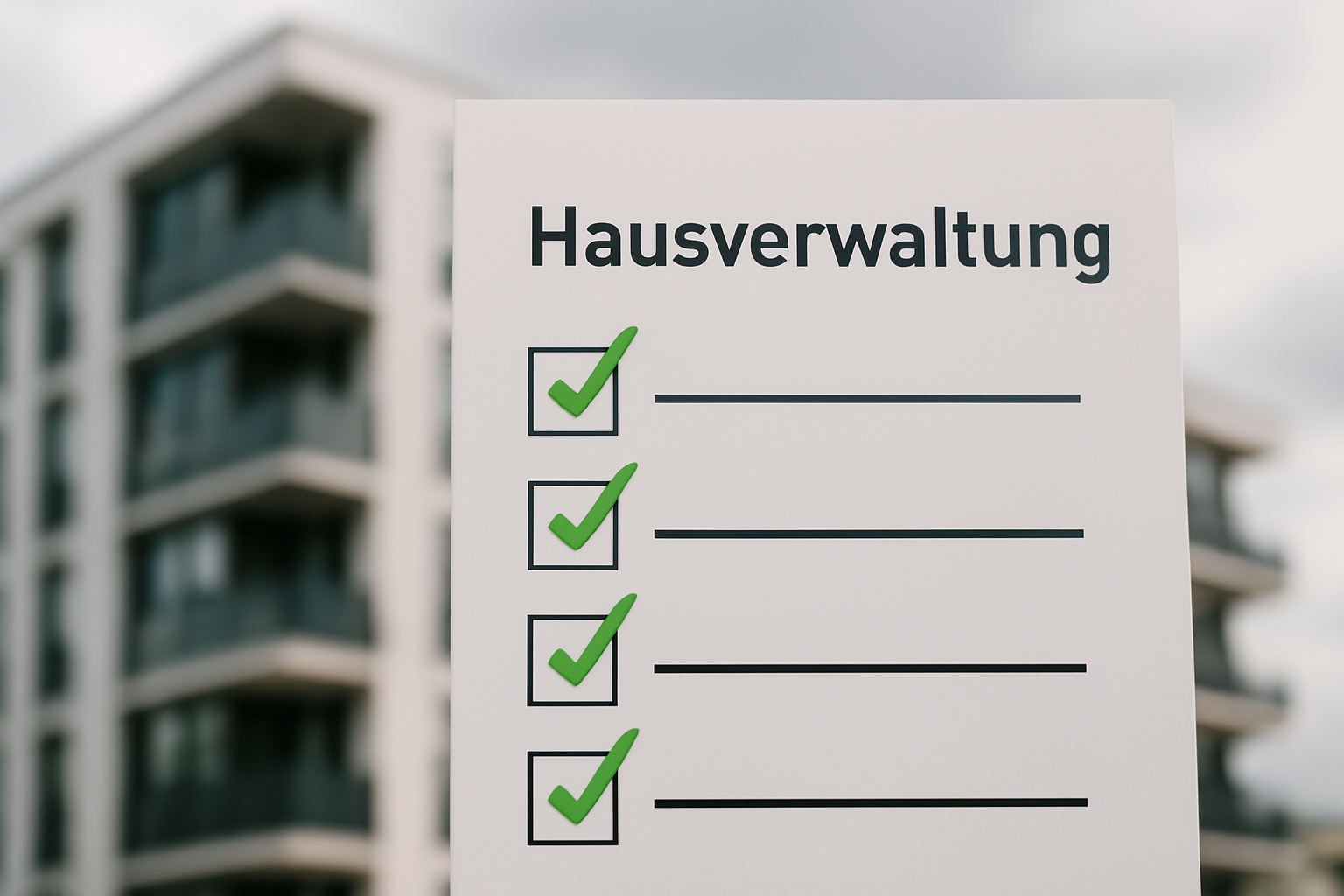 Eine Checkliste mit grünen Haken und ein modernes Wohngebäude im Hintergrund