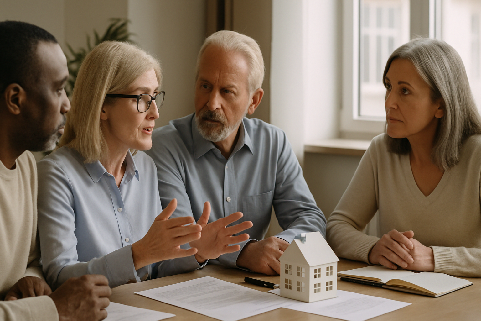 Wohnungseigentümer:innen bei einer Eigentümerversammlung diskutieren über Hausverwaltung