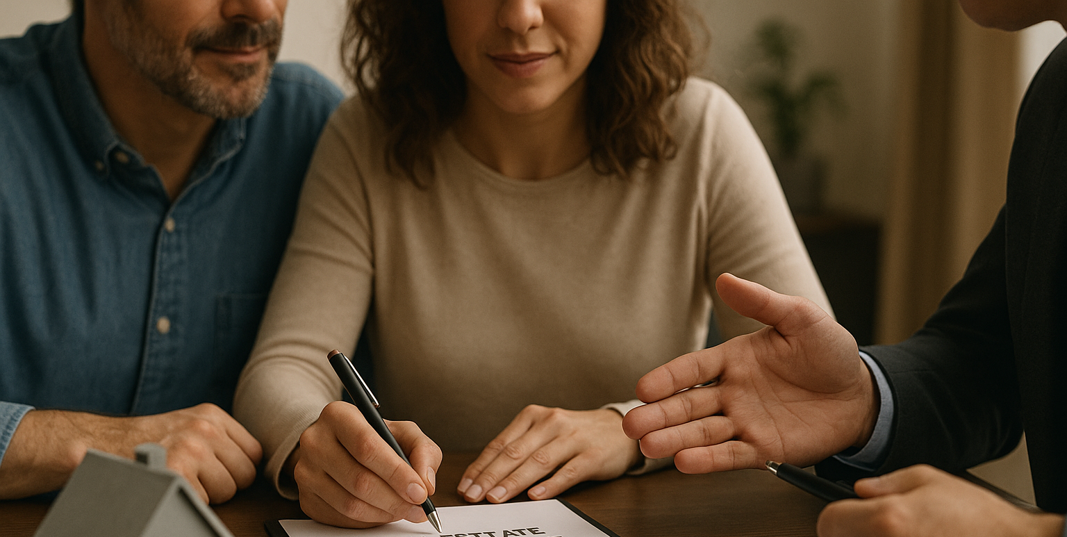 Paar unterschreibt Immobilienkaufvertrag und bespricht Grundbucheintrag mit Makler