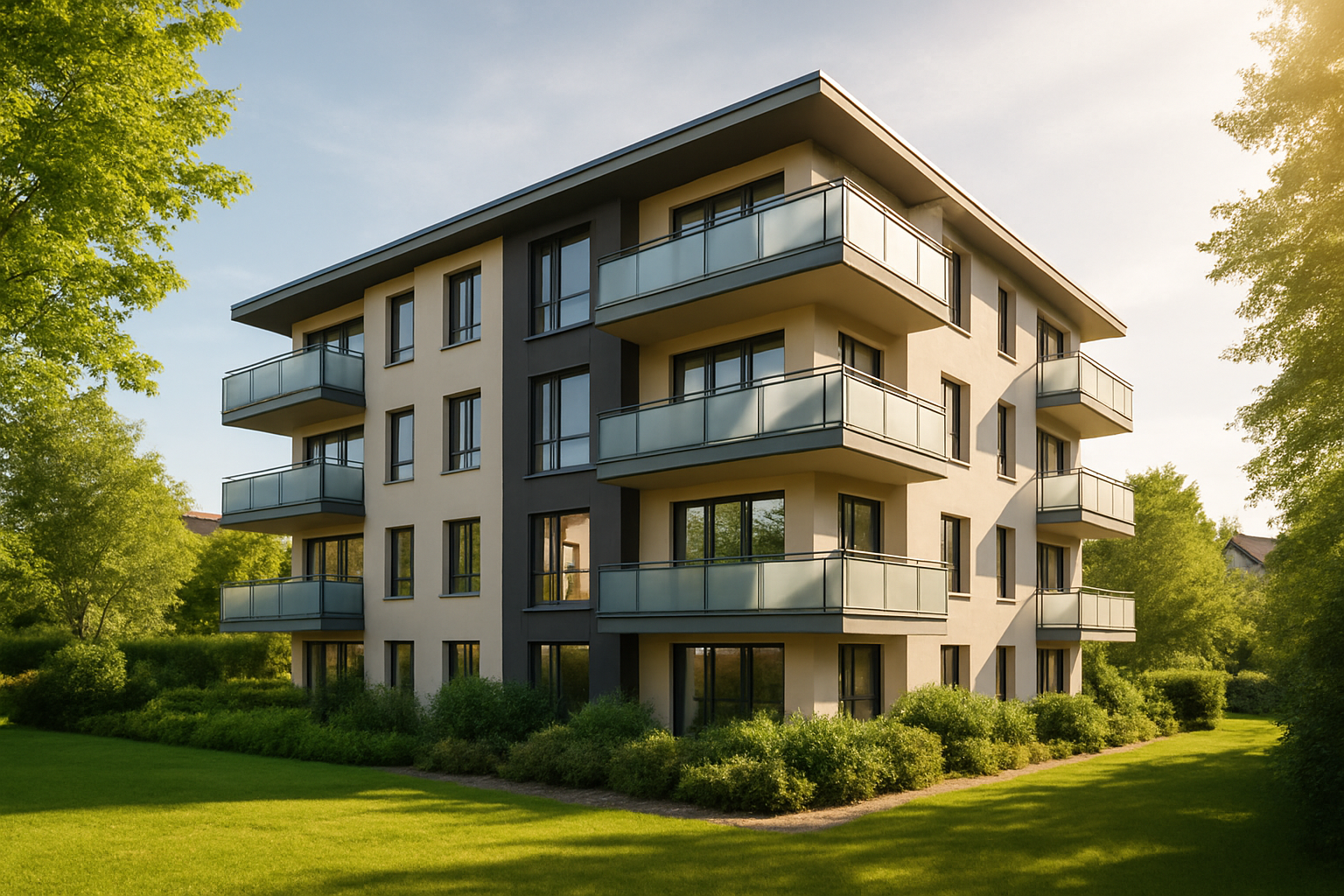 Modernes Wohngebäude mit grüner Umgebung