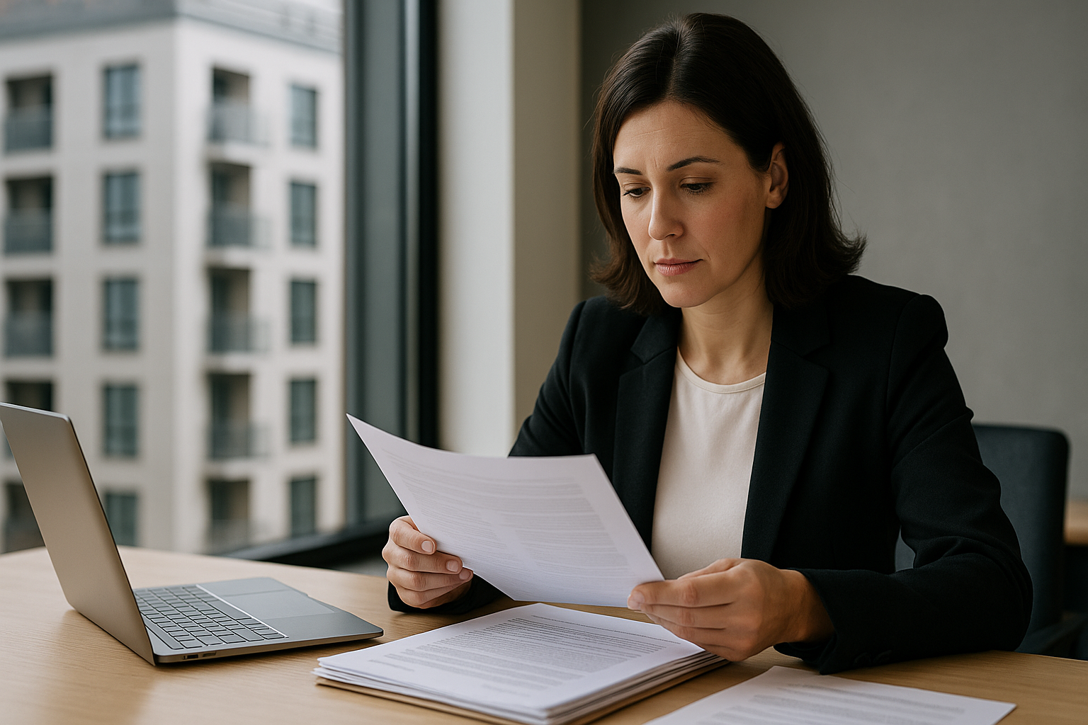 Eigentümerin überprüft Unterlagen zur Immobilienverwaltung