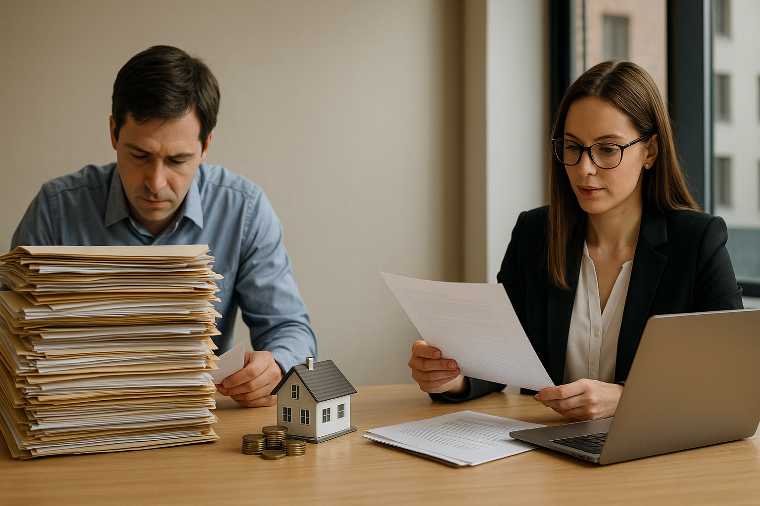 Vergleich zwischen Selbstverwaltung und professioneller Hausverwaltung, Eigentümer mit Akten neben Immobilienverwalterin mit Laptop