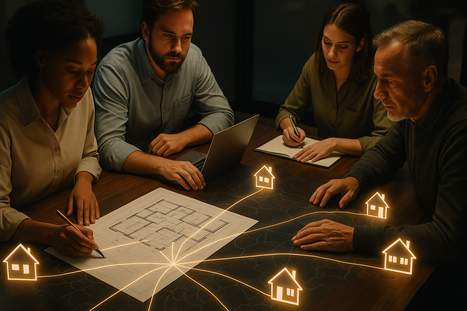 Hybride Eigentümerversammlung, eine Gruppe von Menschen, die um einen Tisch herum Hauspläne diskutieren, und leuchtende Linien, die vom Tisch zu kleinen Häusern auf einer digitalen Karte führen.