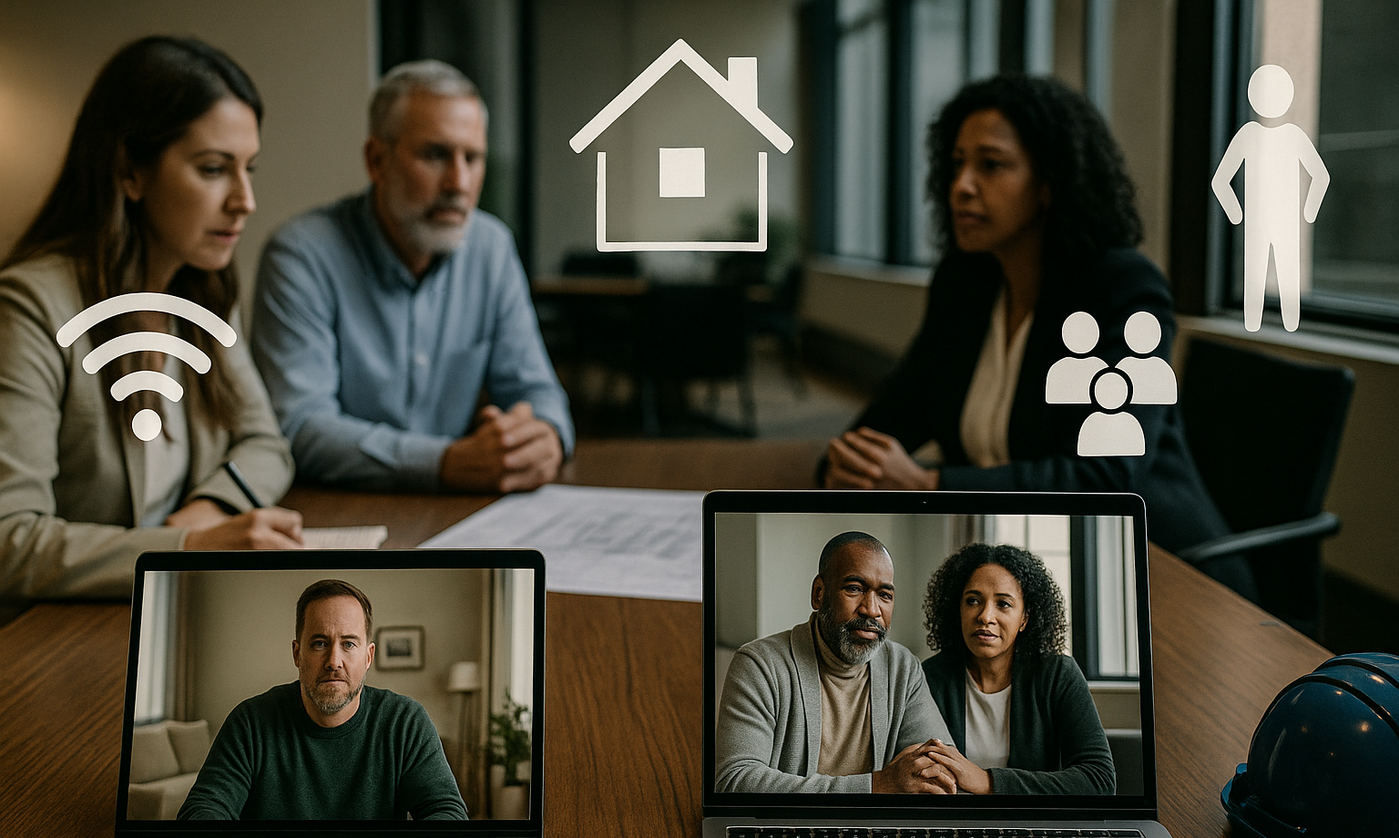 Das Foto zeigt, dass einige Hausbesitzer online über ihre Laptops an der Versammlung teilnehmen, während andere sich persönlich treffen